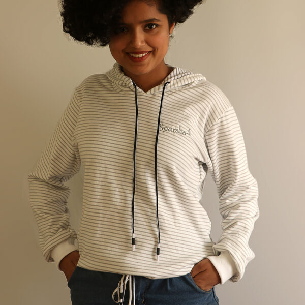 White/Grey Striped Hoodie For Women