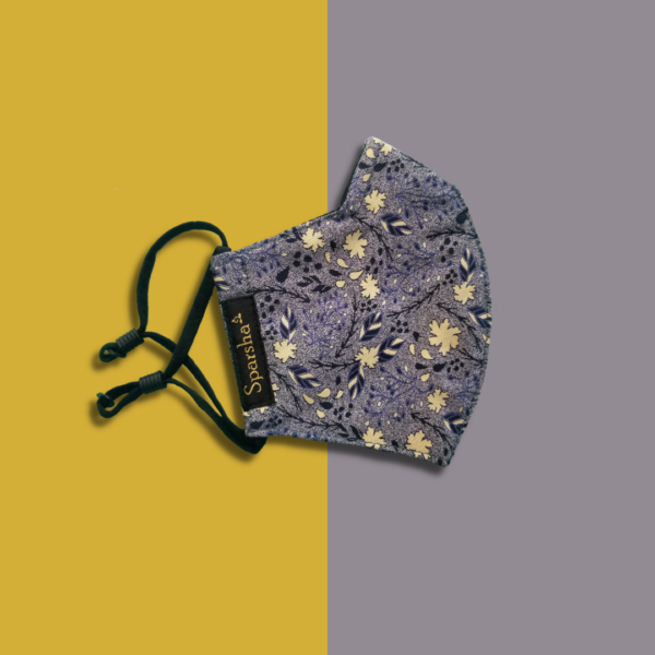 Sparsha 3 Layer Reusable Cotton Mask-Leaf and flower, Light Yellow and Dark blue (Medium Size)