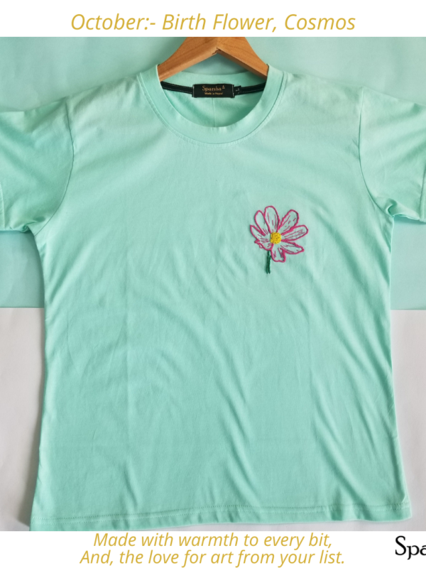 Sparsha Flower Hand Embroidered Mint Green T-Shirt